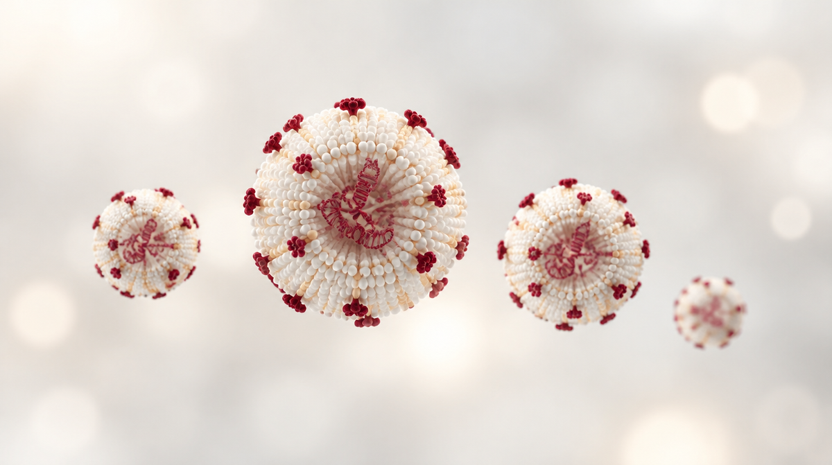 Illustration of mRNA vaccine lipid nanoparticles floating in soft light.