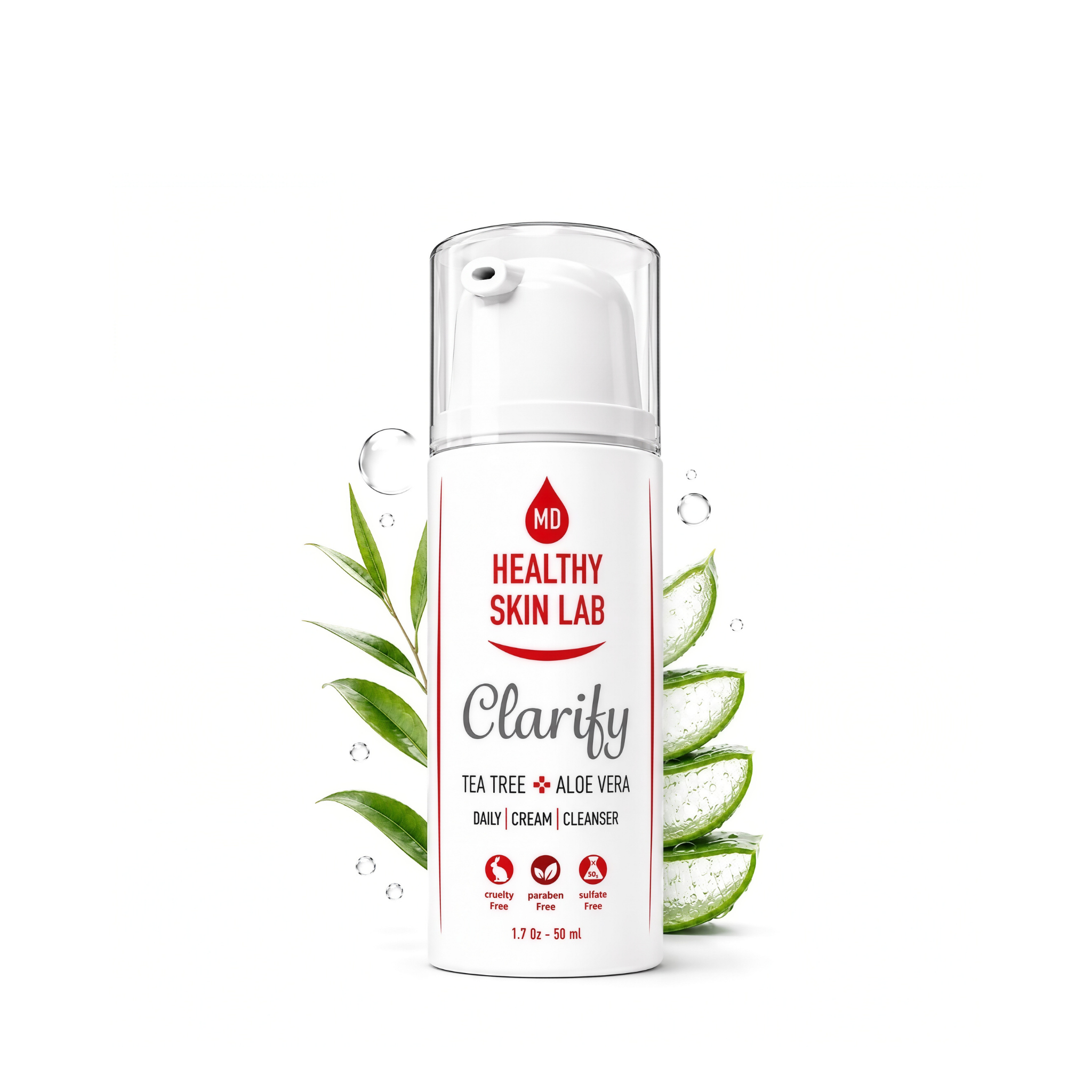 Skincare product bottle labeled 'Healthy Skin Lab' with tea tree and aloe vera imagery on a white background