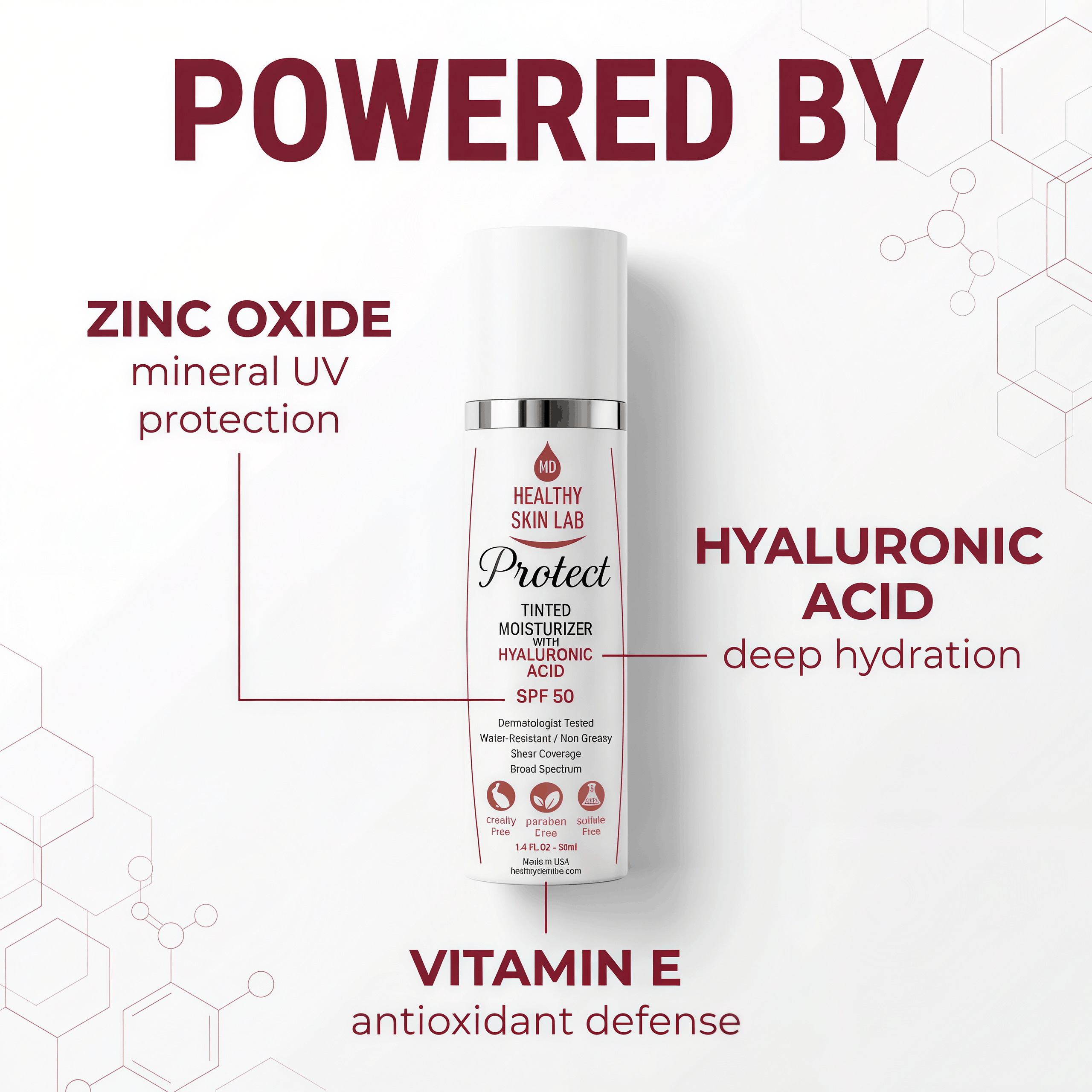 Skincare product with text highlighting zinc oxide, hyaluronic acid, and vitamin E on a white background.