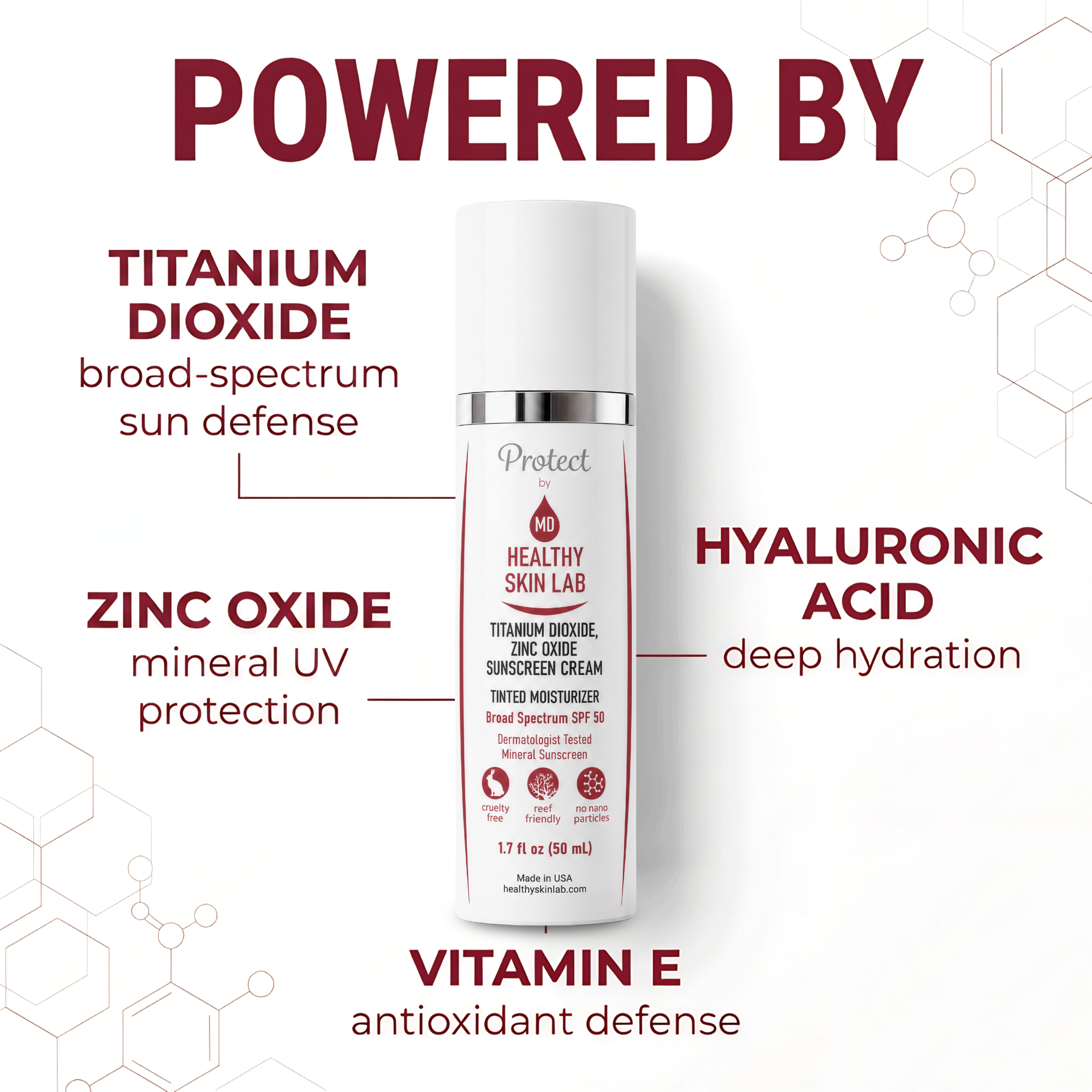 Skincare product with text highlighting zinc oxide, hyaluronic acid, and vitamin E on a white background.