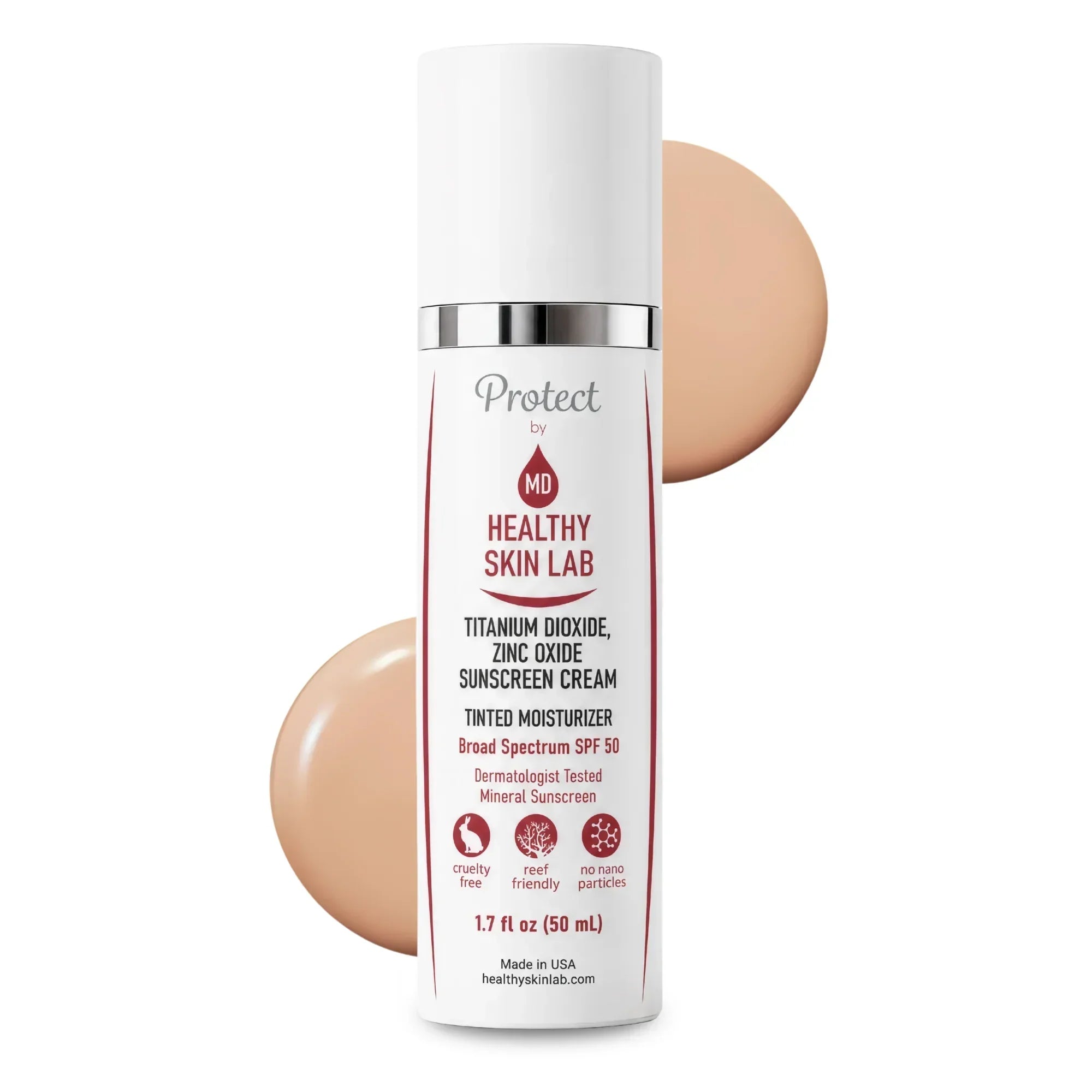 Tinted moisturizer bottle with a swatch of beige color on a white background