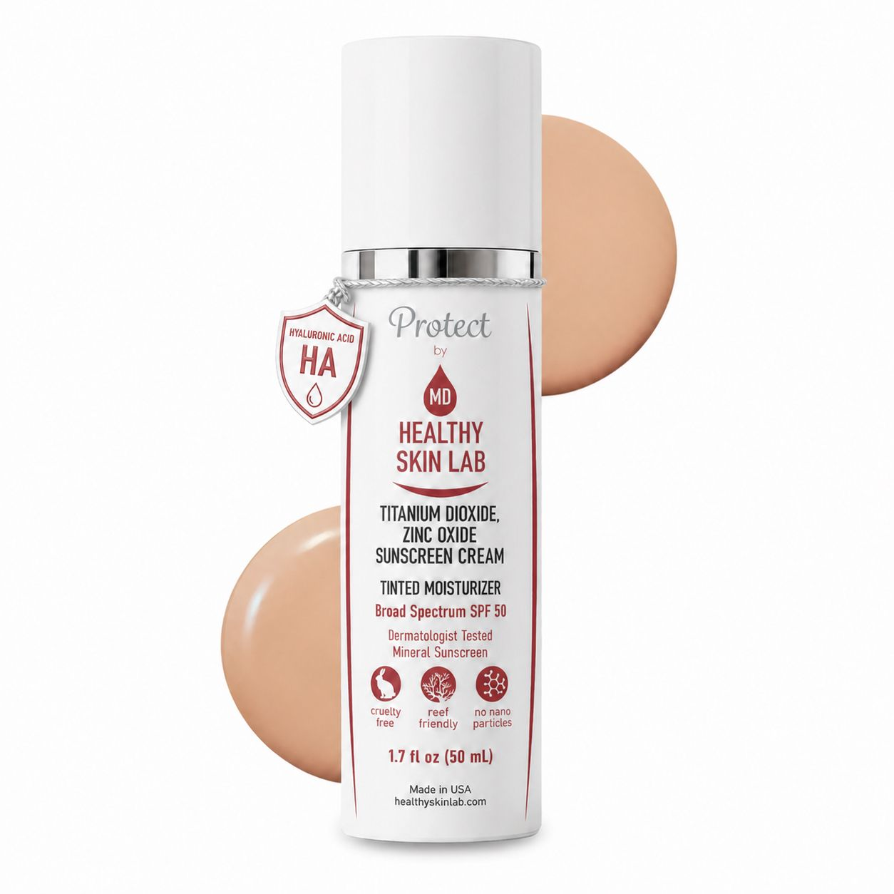 Tinted moisturizer bottle with a swatch of beige color on a white background