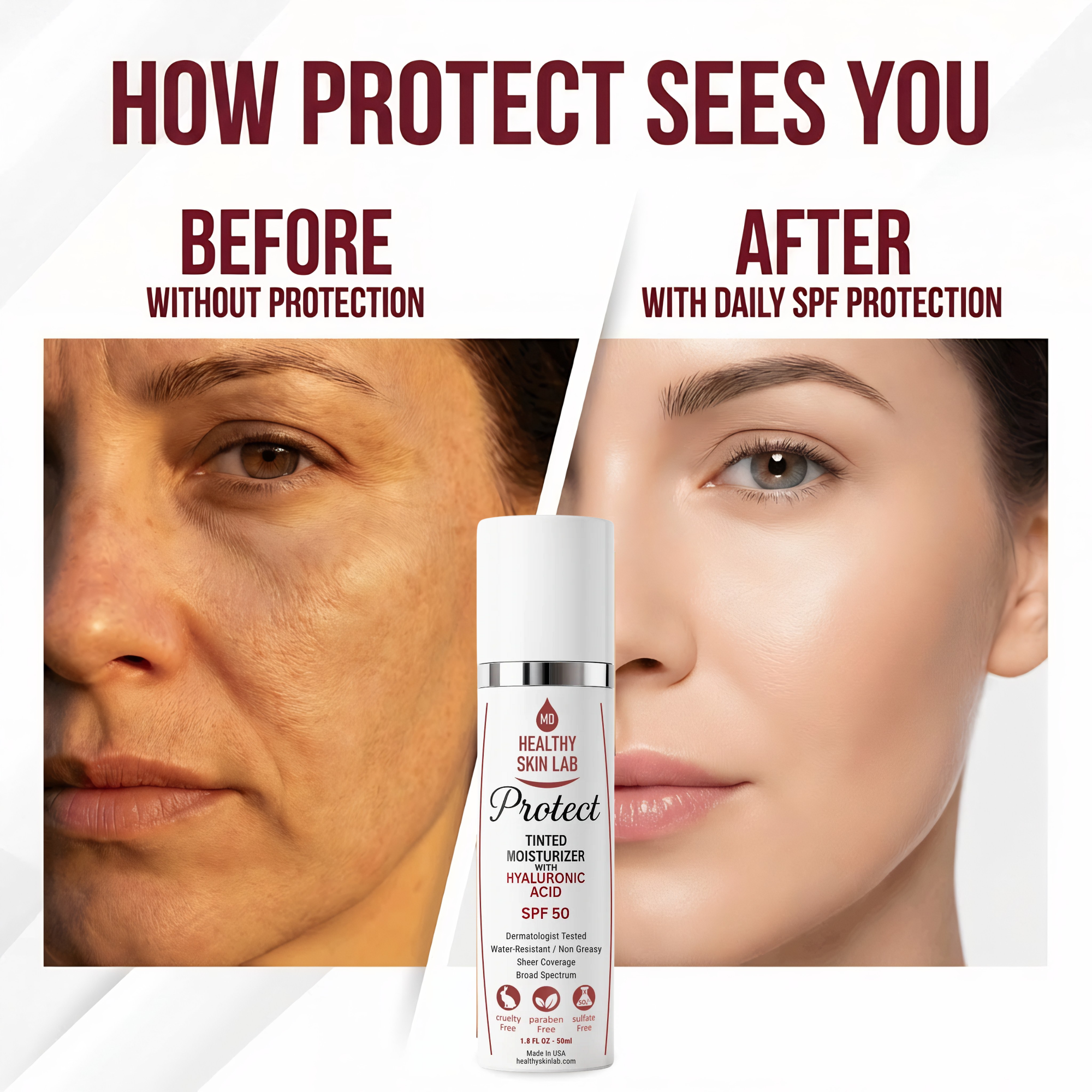 Before and after comparison of skin with and without daily SPF protection, featuring a bottle of sunscreen.