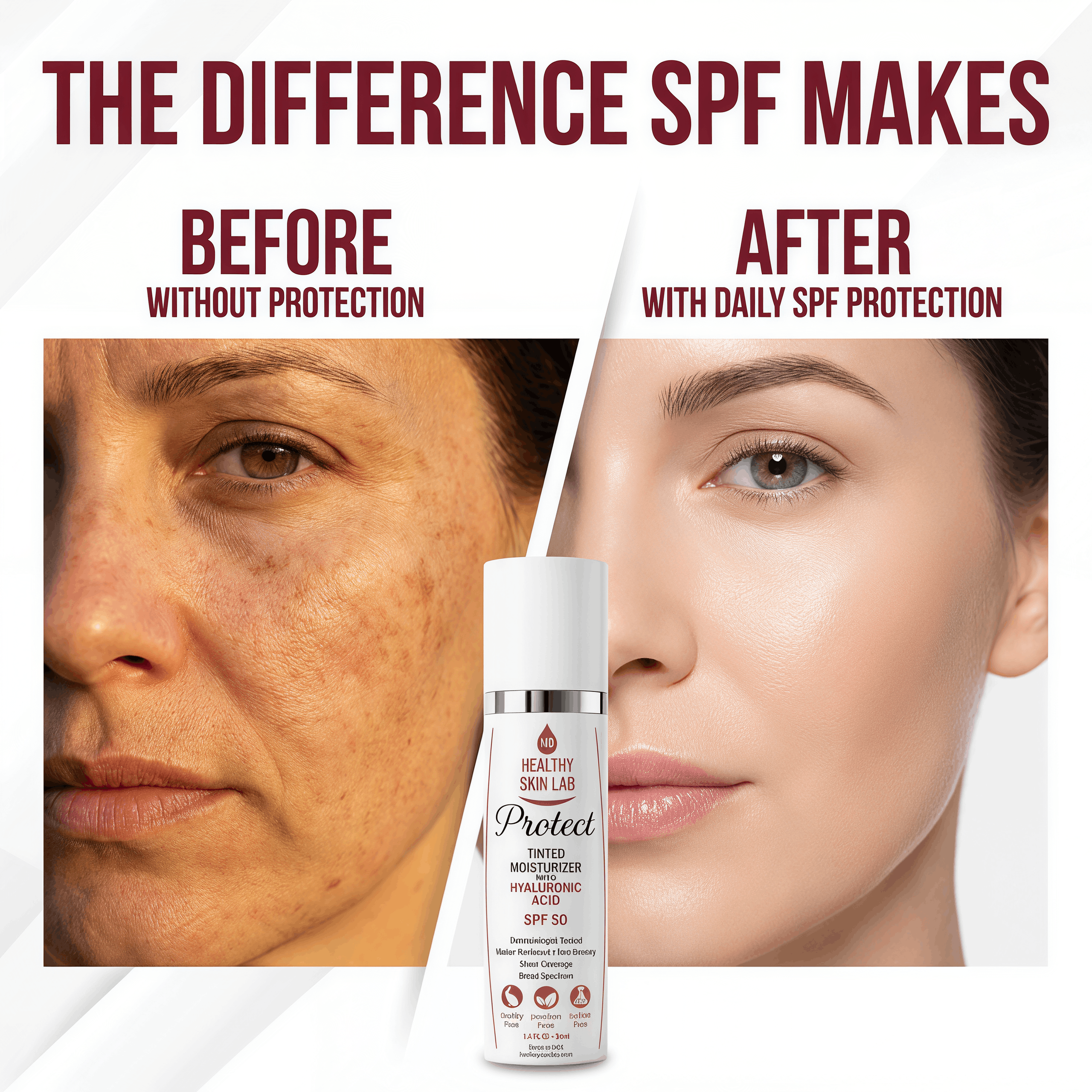 Before and after comparison of skin with and without daily SPF protection, featuring a bottle of sunscreen.