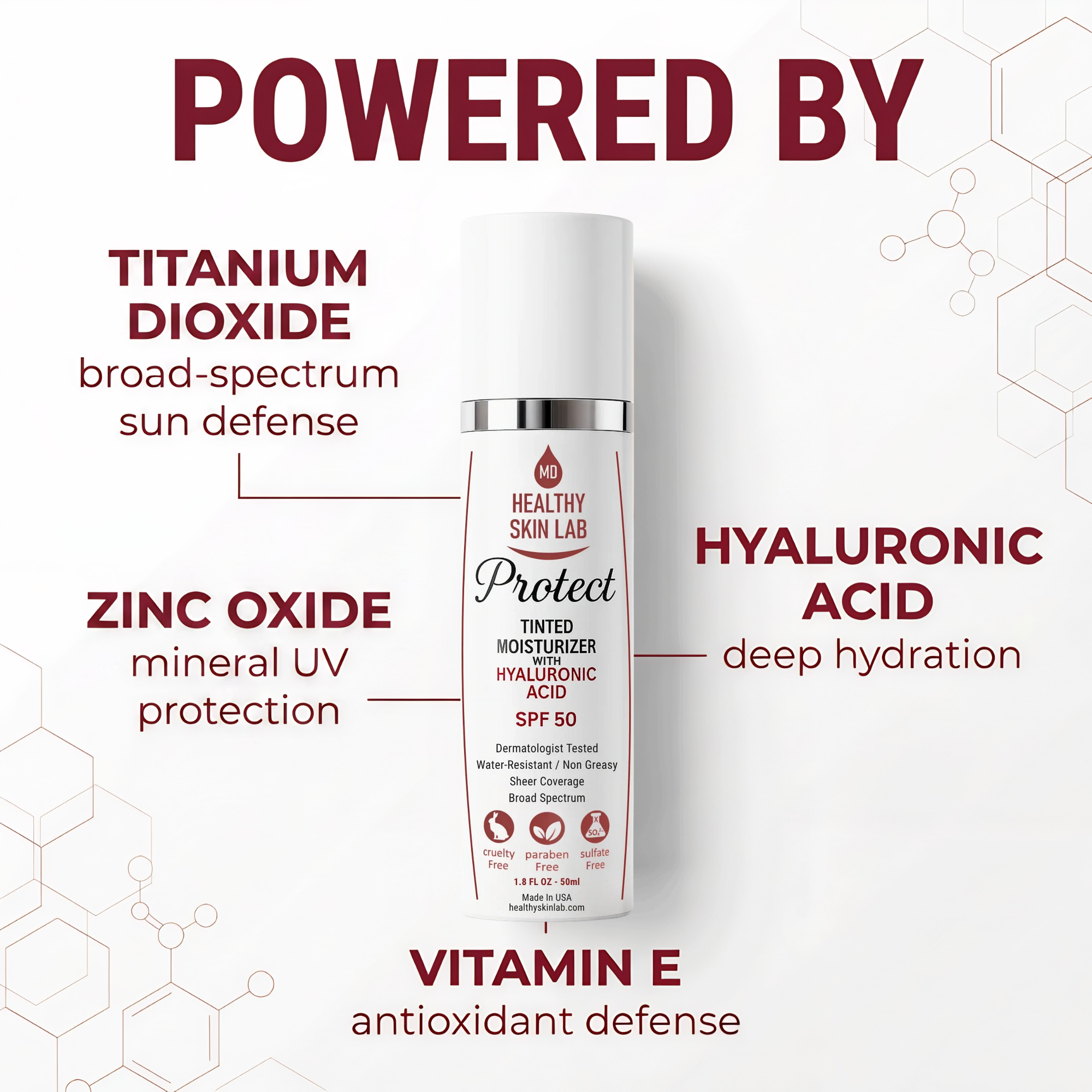 Skincare product with text highlighting zinc oxide, hyaluronic acid, and vitamin E on a white background.