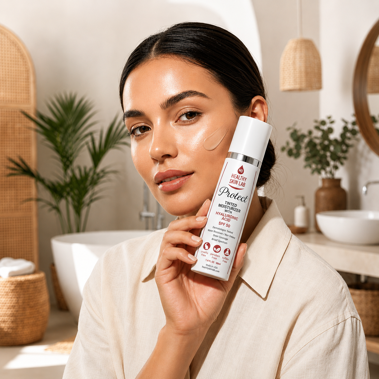 Woman holding a skincare product with 'Your Daily Shield' text in a bathroom setting