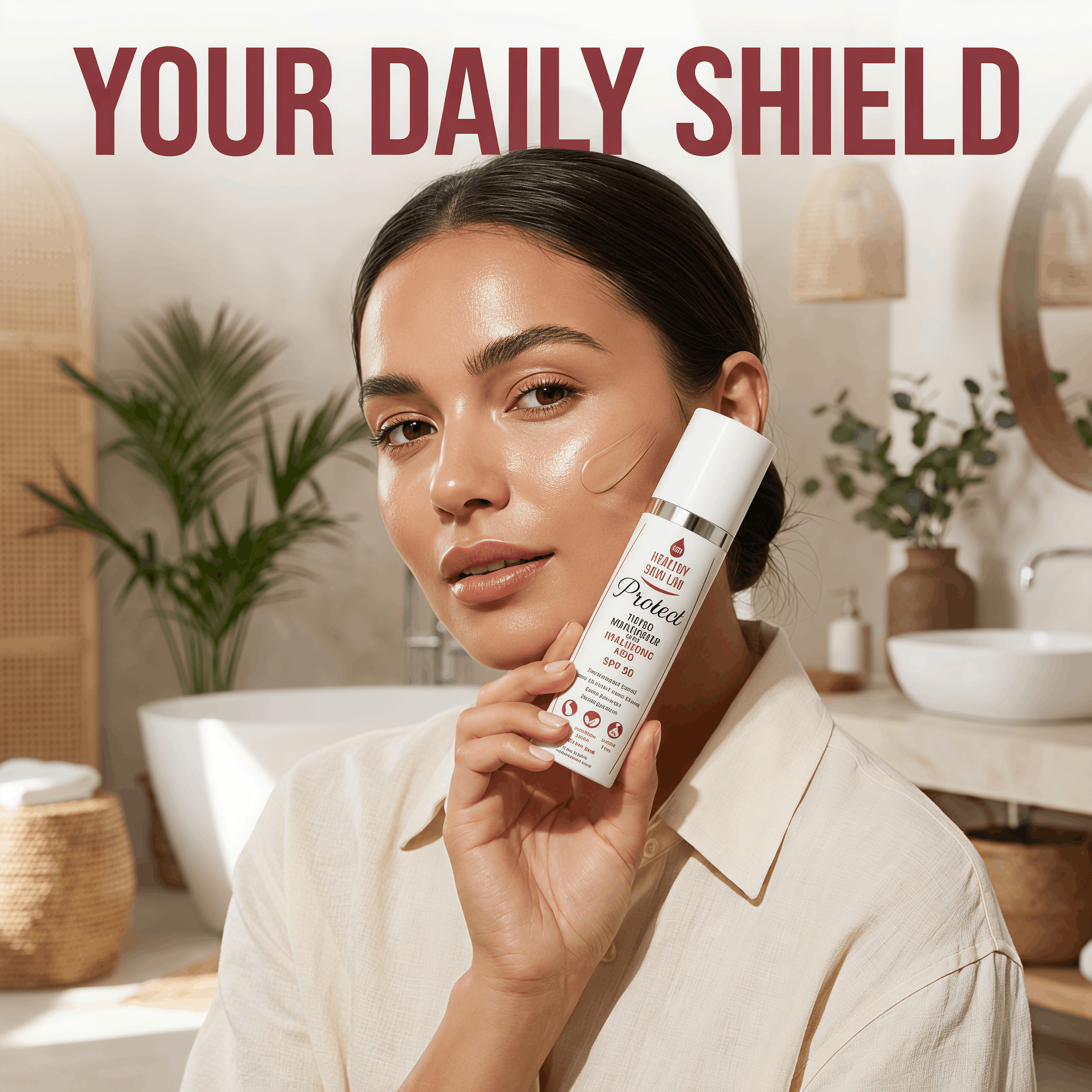 Woman holding a skincare product with 'Your Daily Shield' text in a bathroom setting
