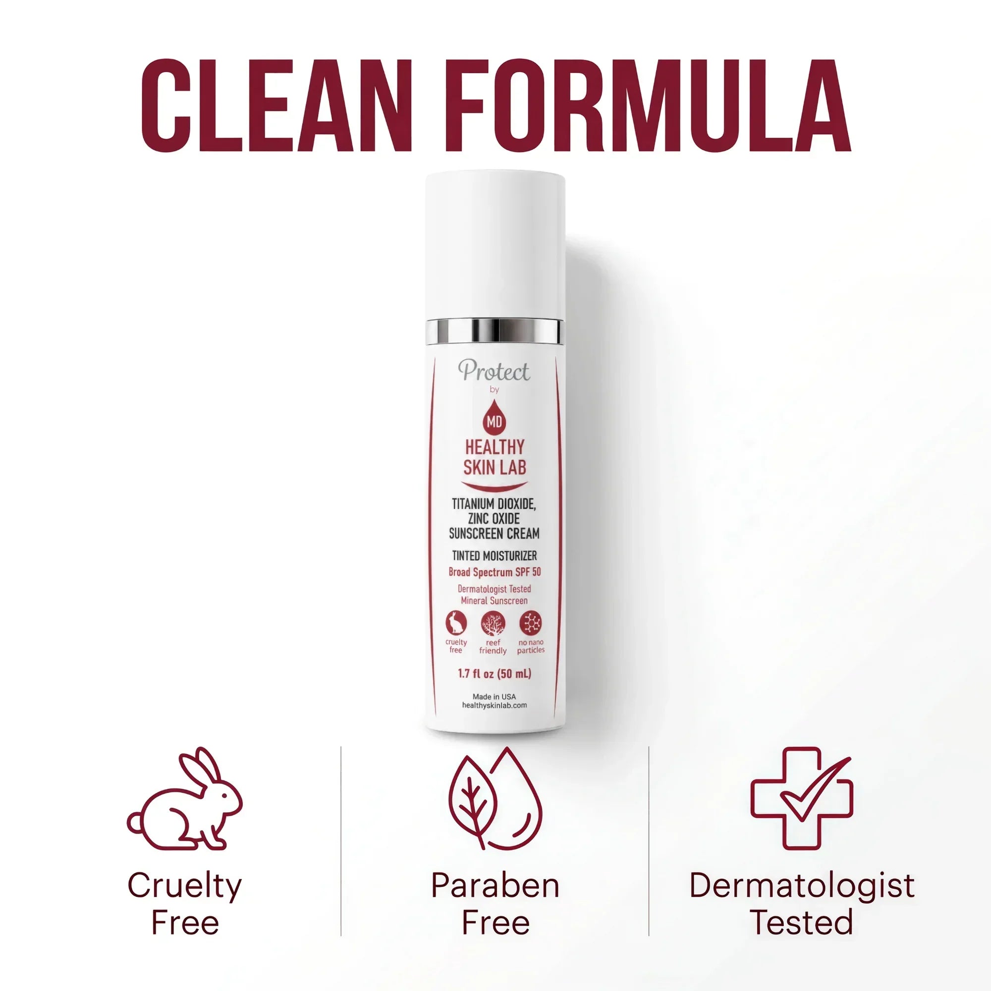 Skincare bottle with 'Clean Formula' text and icons on a white background