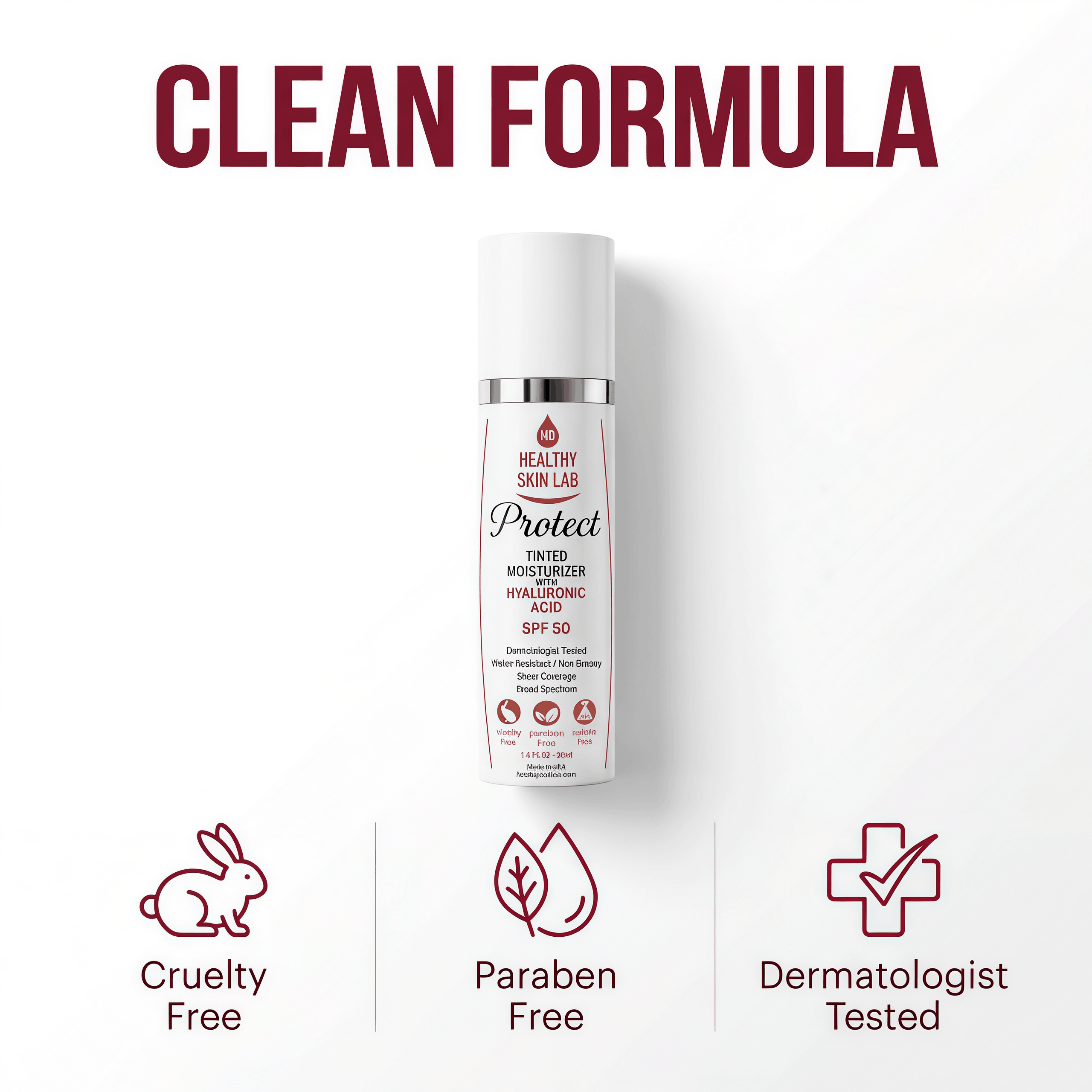 Skincare bottle with 'Clean Formula' text and icons on a white background