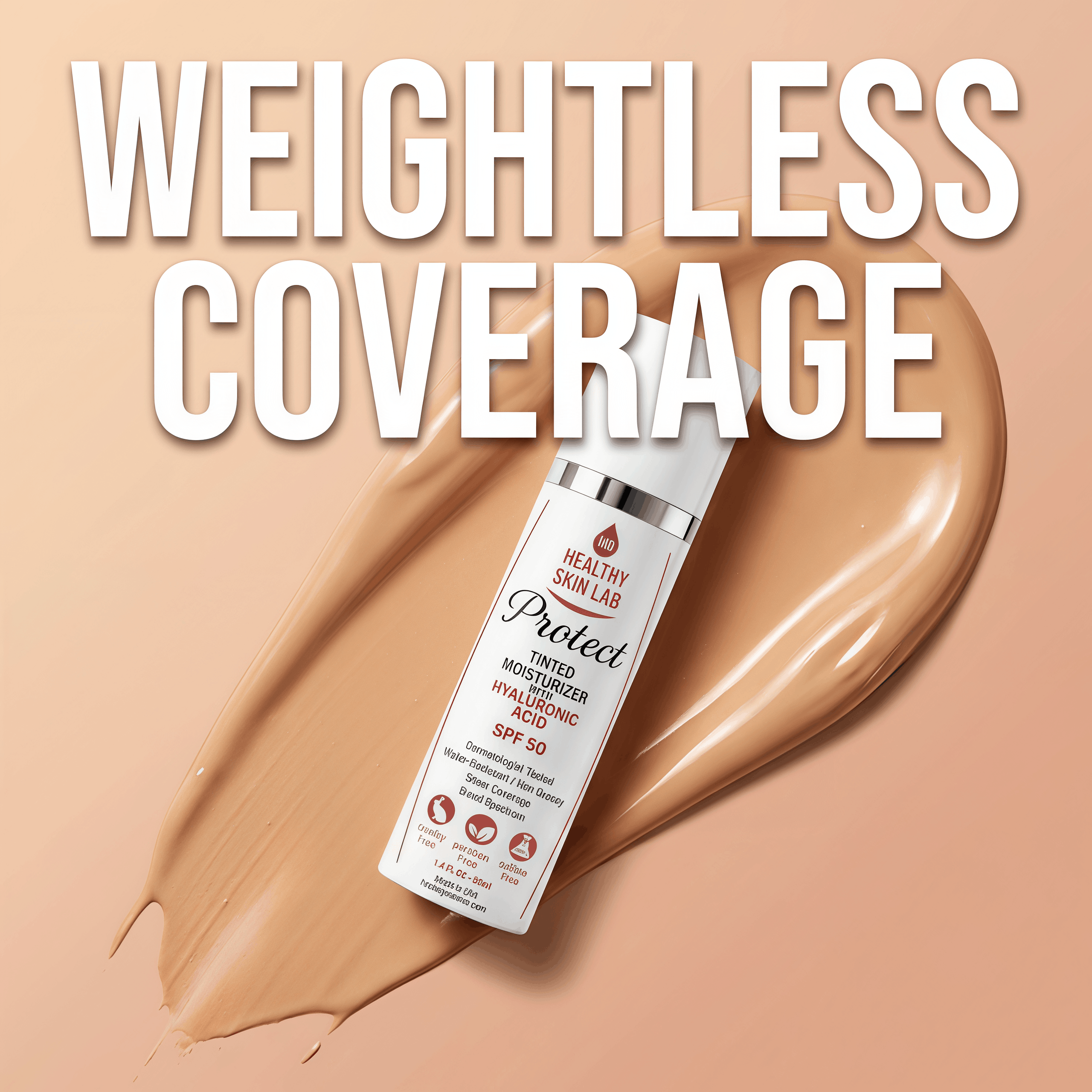 Cosmetic bottle with 'Weightless Coverage' text on a beige background